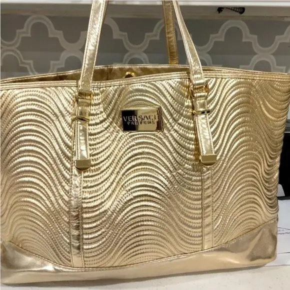 Versace Parfums Gold Ribbed Magnetic Clasp Weekender Large Tote Bag