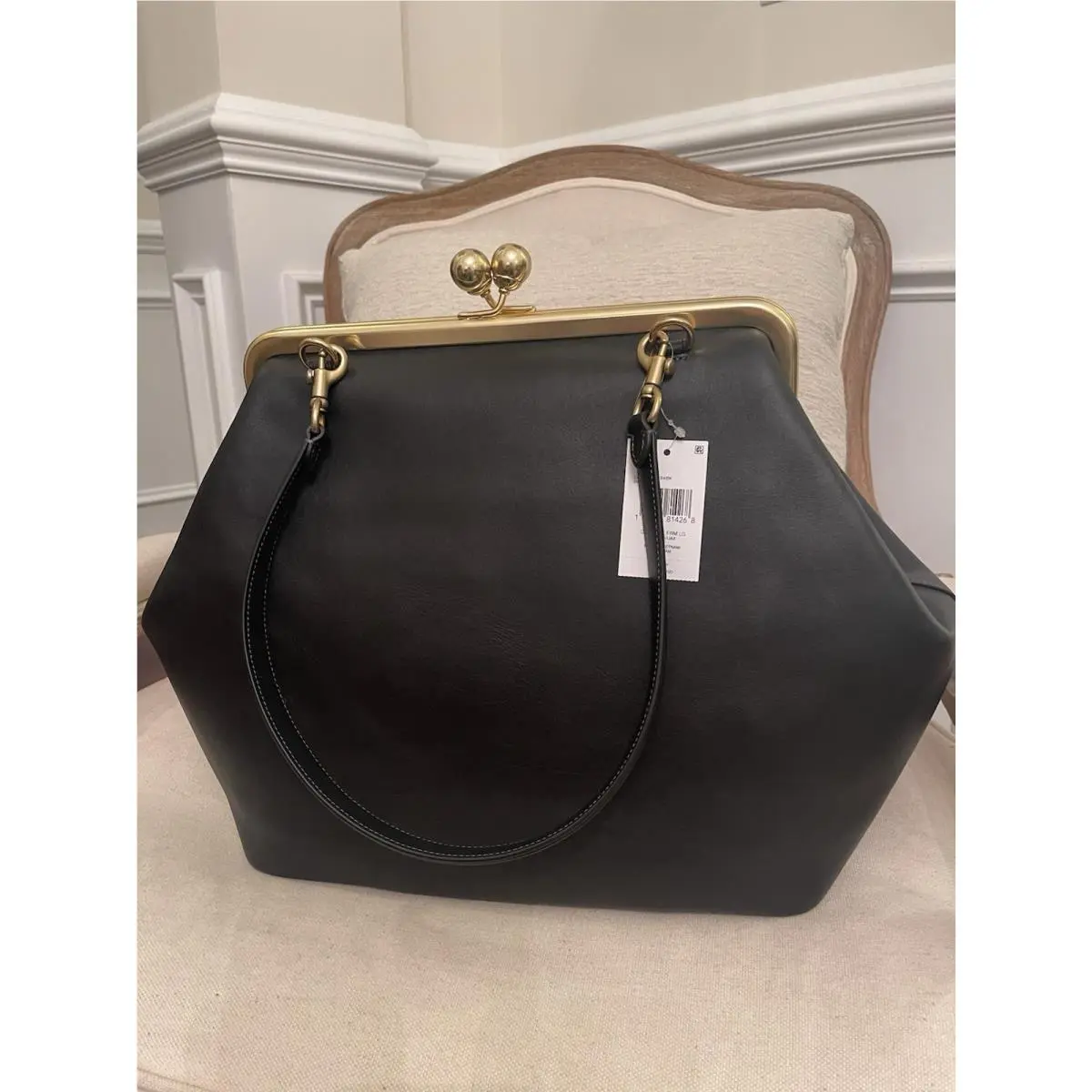 Large Black/brass Kisslock Frame Leather Shoulder Bag Clutch CBR51 by Coach