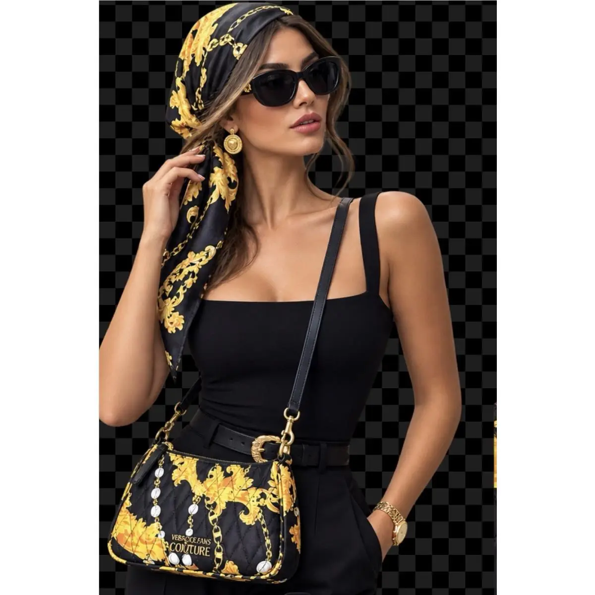 Black Gold Quilted Satin Shoulder Crossbody Bag Scarf Jeans Couture by Versace