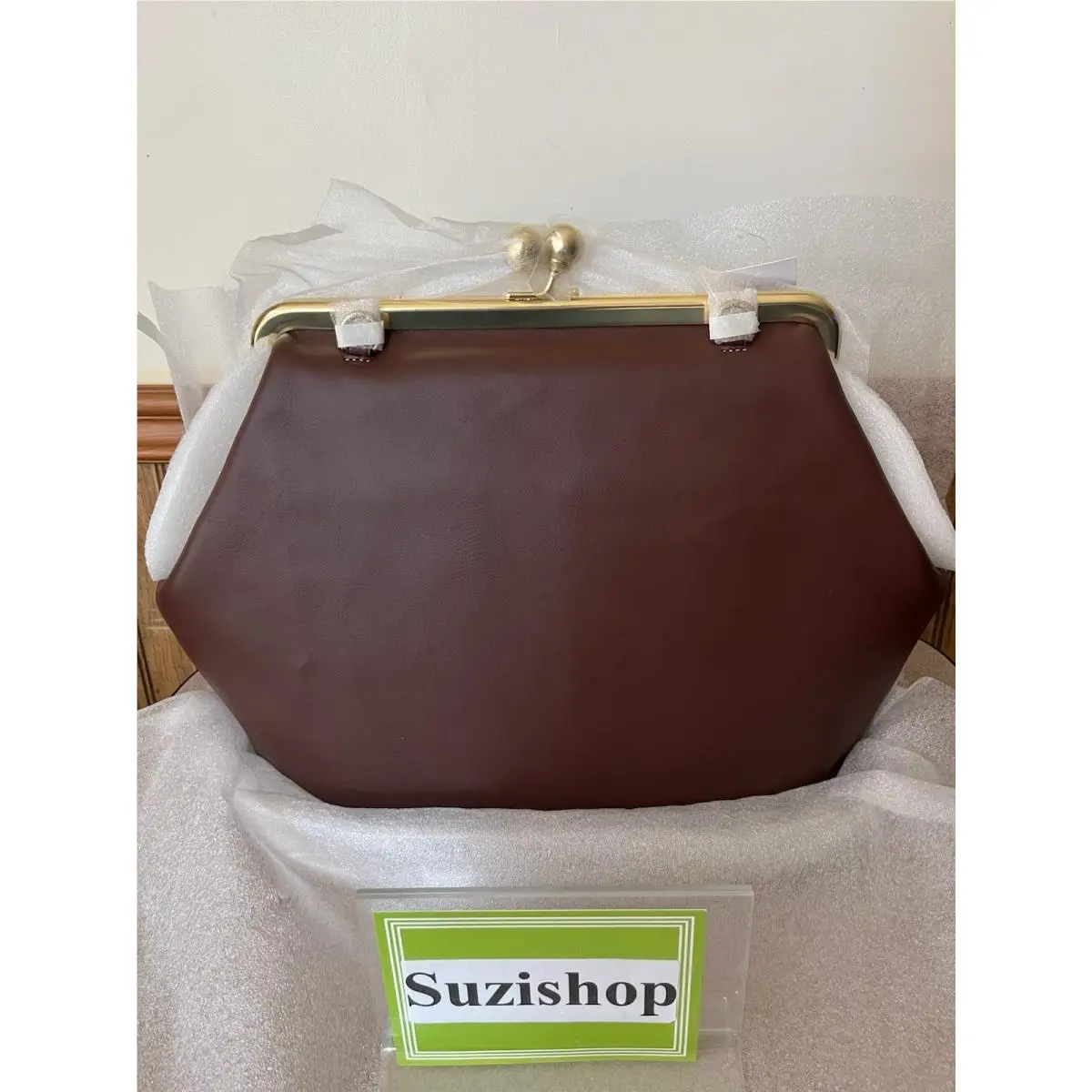 Large Oversized Kisslock Frame Shoulder Leather Clutch Dark Brown CBR51 by Coach