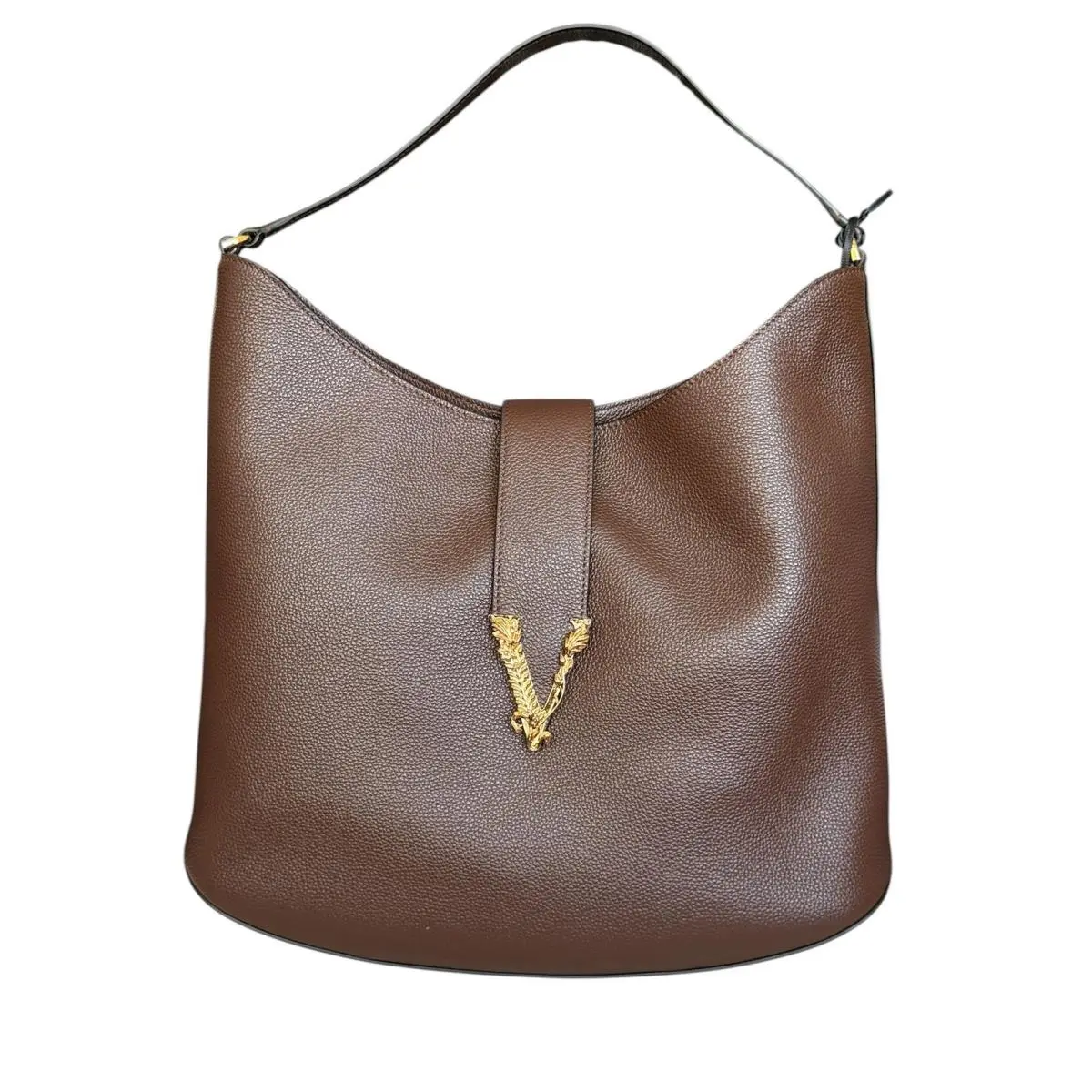 Versace Virtus Hobo Bag Brown Grained Leather Gold Barocco V Logo Shoulder Bag