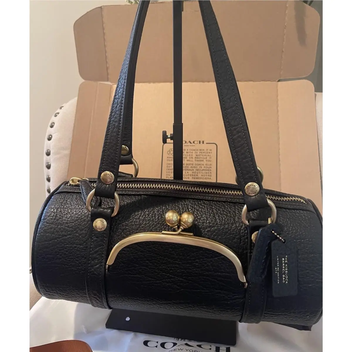 Kisslock Black Pebbled Leather Barrel Bag Gift Boxed by Coach