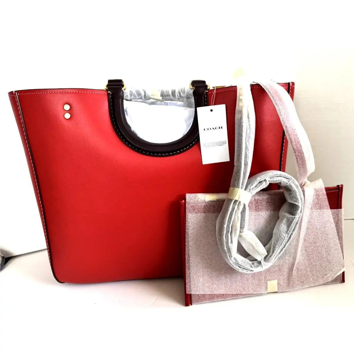 Leather Rae Tote 2 Way Shoulder Bag with Pouch Color: Red Multi by Coach