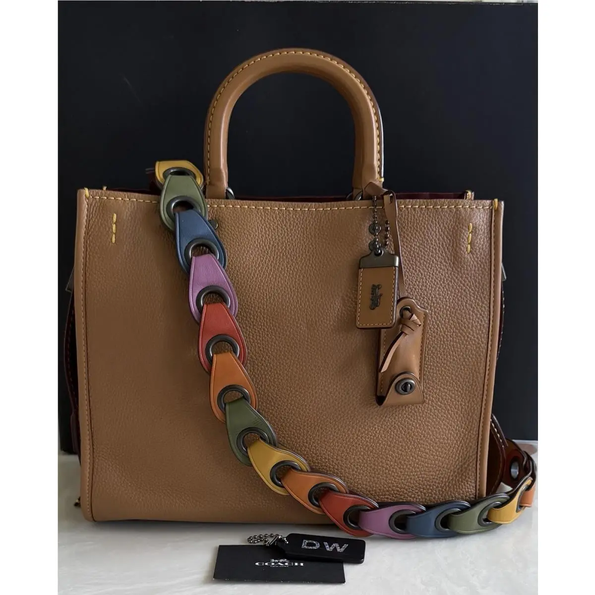 Light Saddle Leather Rogue with Rainbow Chain Link Strap 25713 by Coach