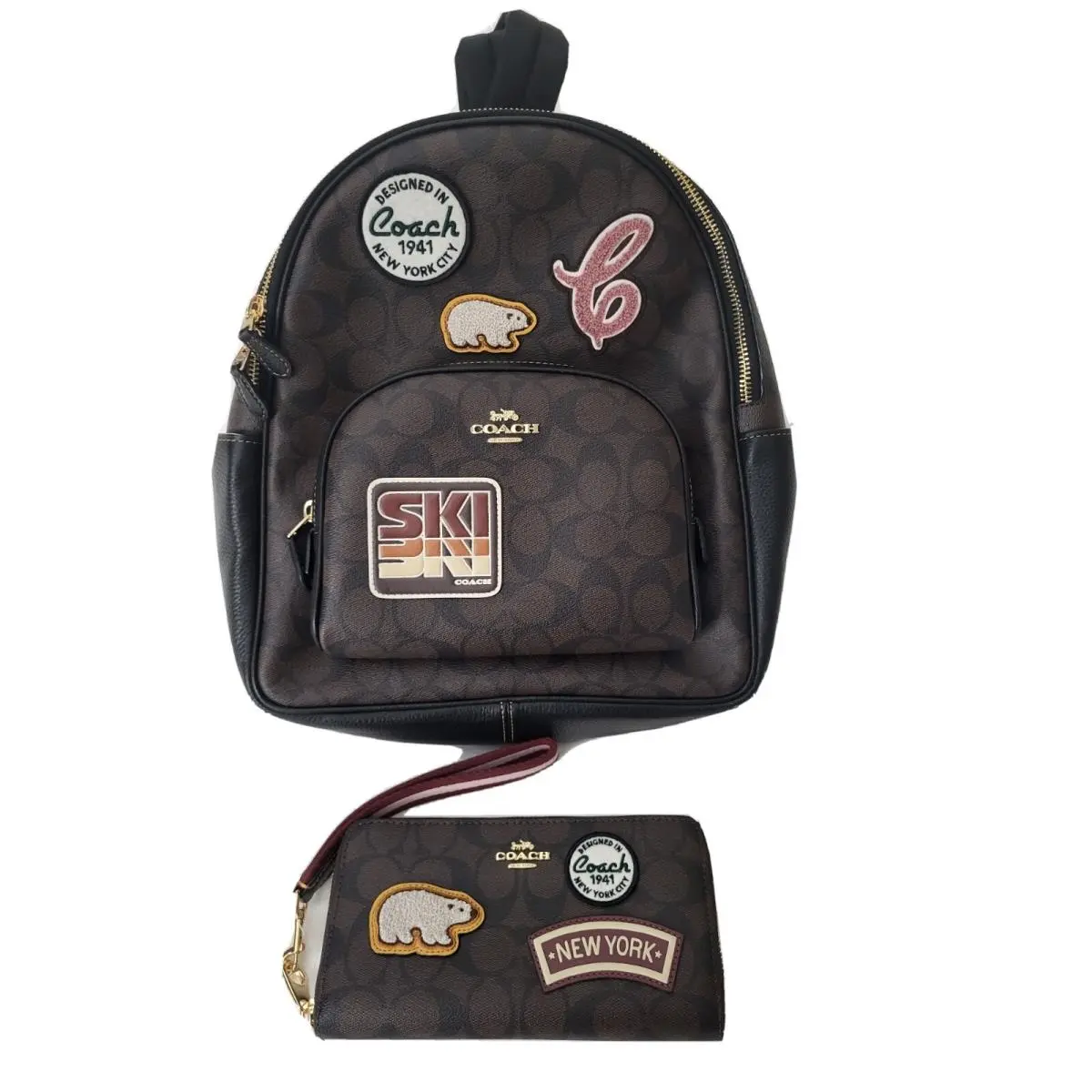 Set-coach Court Backpack In Signature Canvas W/ski Patches + Wallet In Signature by Coach