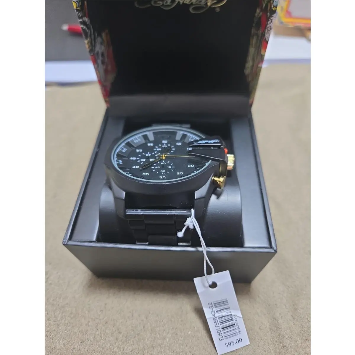 Chronograph Quartz Analog Watch Black Dial Black SS Bracelet Box by Ed Hardy