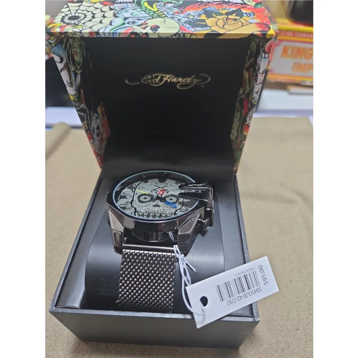 Ed Hardy Men`s Watch Skull Dial Matte Black Mesh Bracelet Analog 53 mm