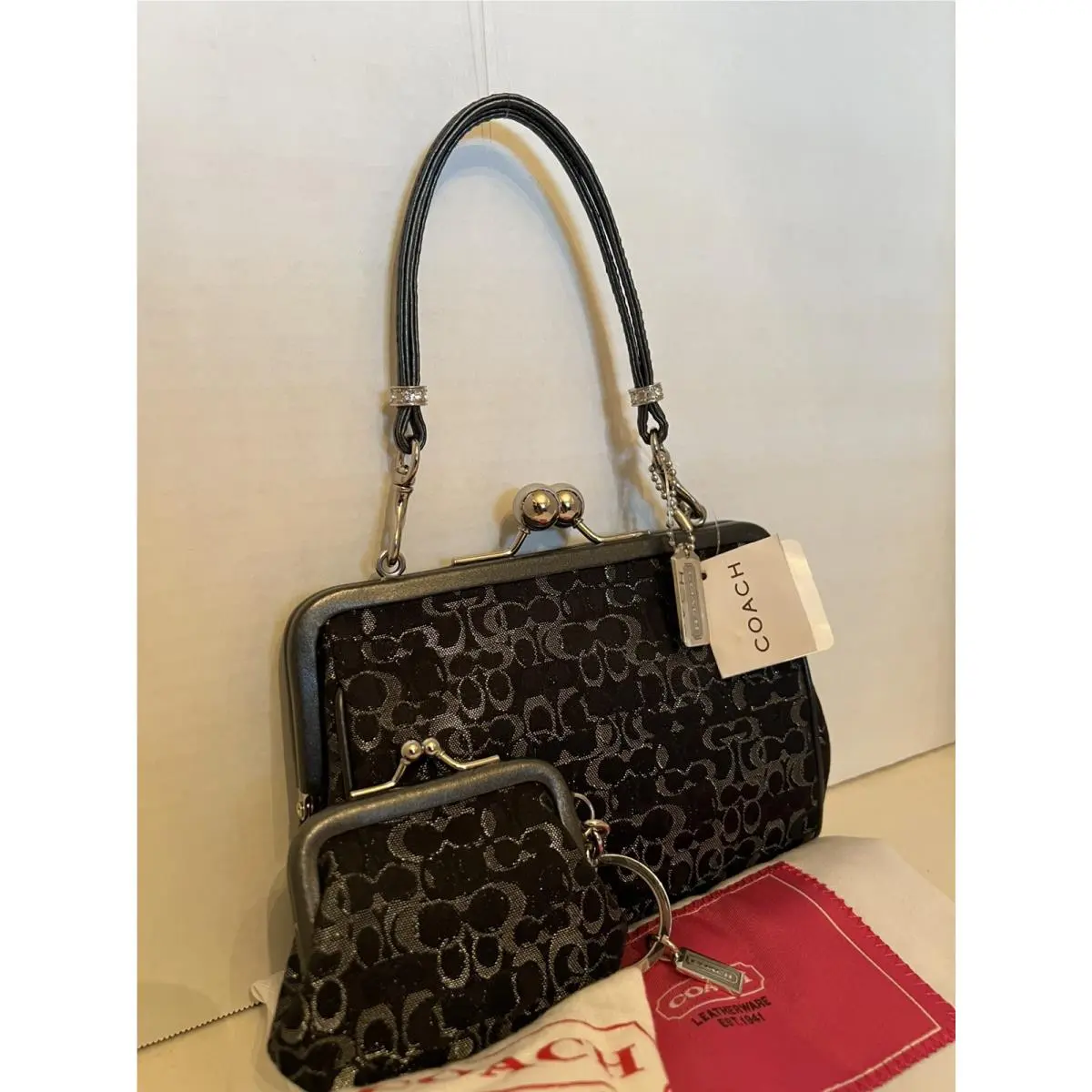 Lurex Metallic Black/silver Signature C Framed Kisslock Bag/coin Set 8948 by Coach