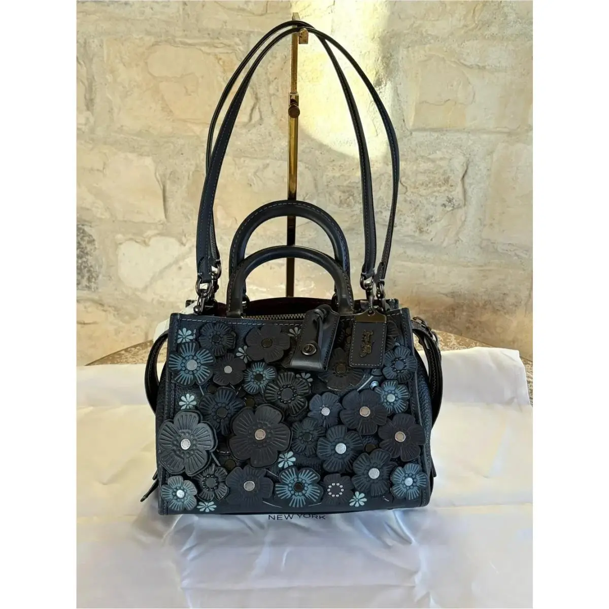 Rogue 25 with Tea Rose Appliqué Womens Bag Black Copper/midnight Navy by Coach