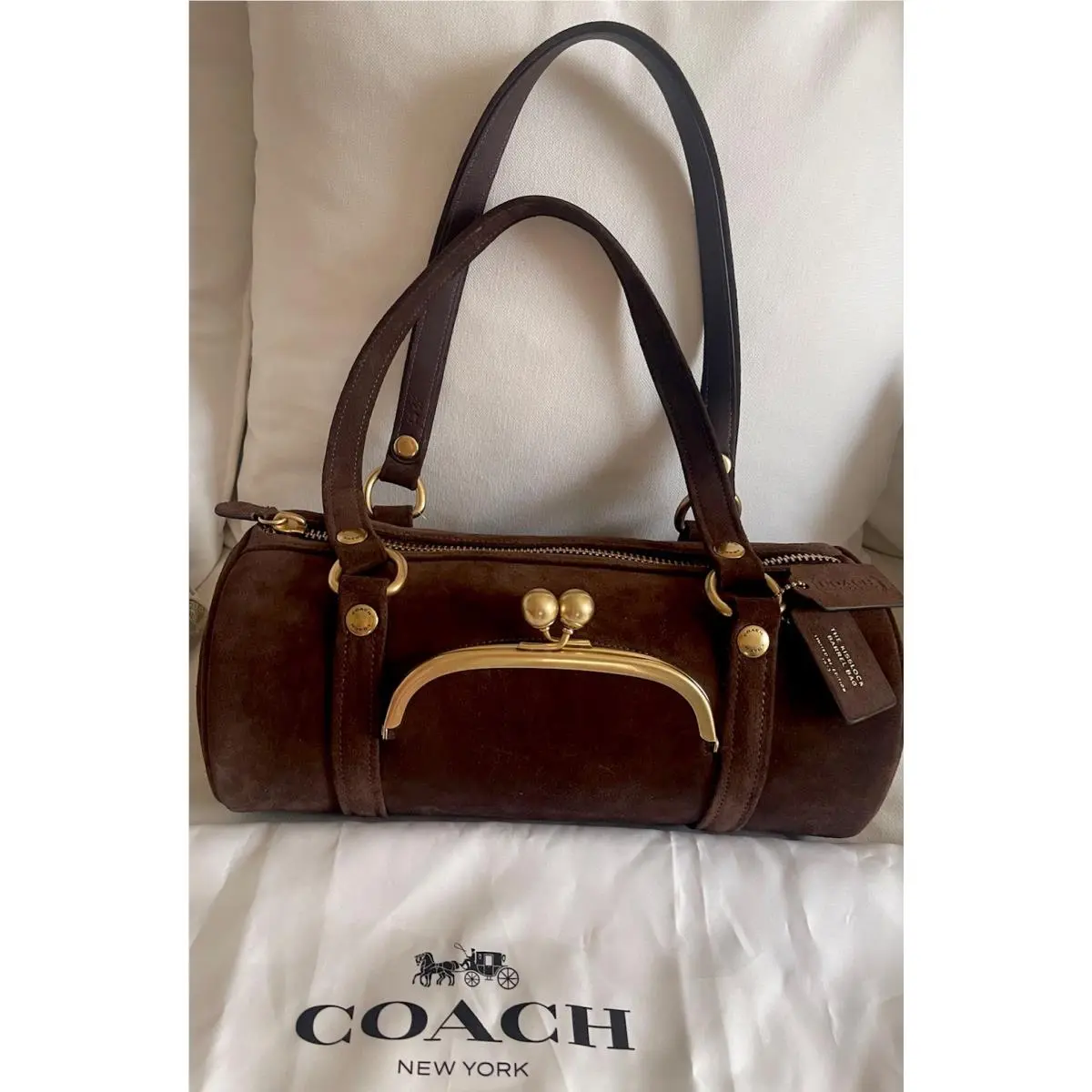 Kisslock Chocolate Suede Barrel Bag Gift Boxed Dust Bag by Coach
