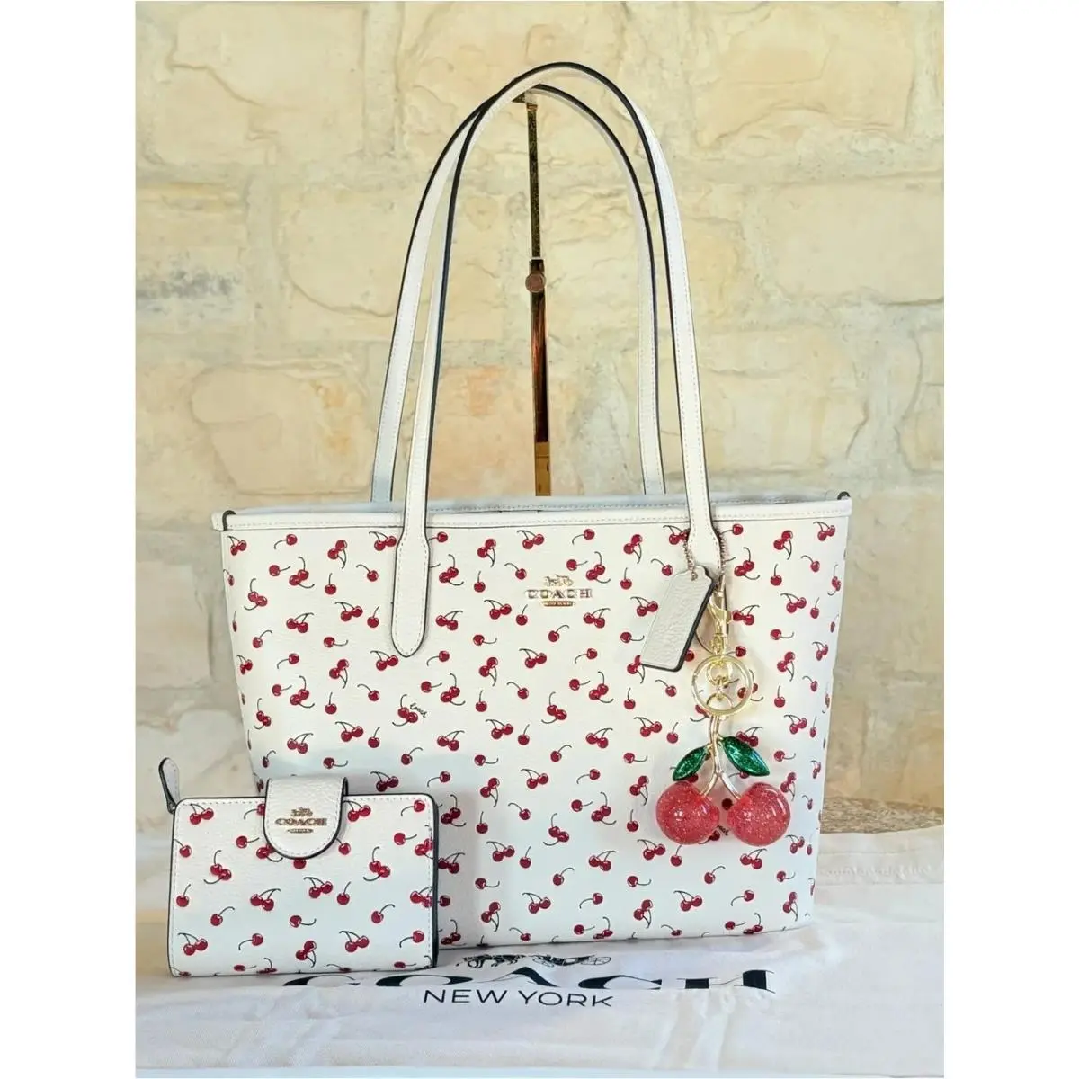 Cherry Medium City Tote Bag Shoulder Bag+corner Zip Wallet Chalk Multi by Coach