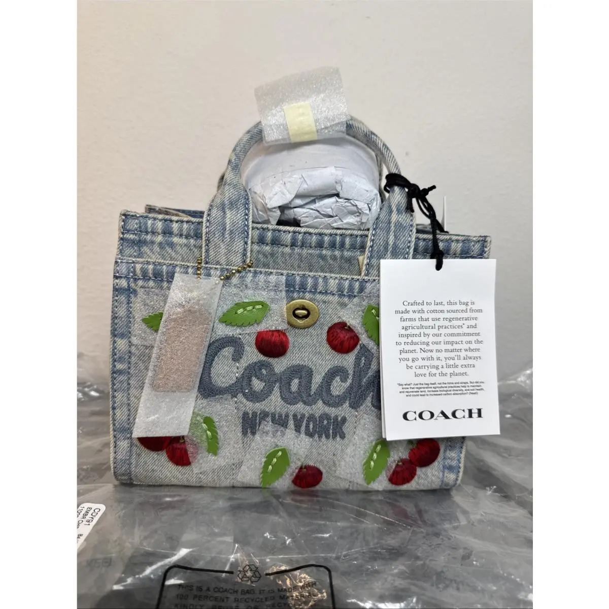 Cargo Tote Bag Size 20 Cherry Embroidery Denim CDY91 B4/EI by Coach