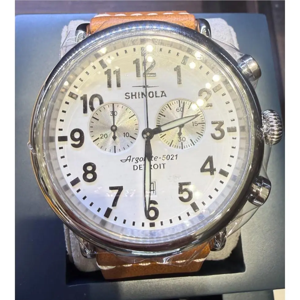 Runwell Chronograph 47mm White Dial Leather Band Watch S0120299732 by Shinola