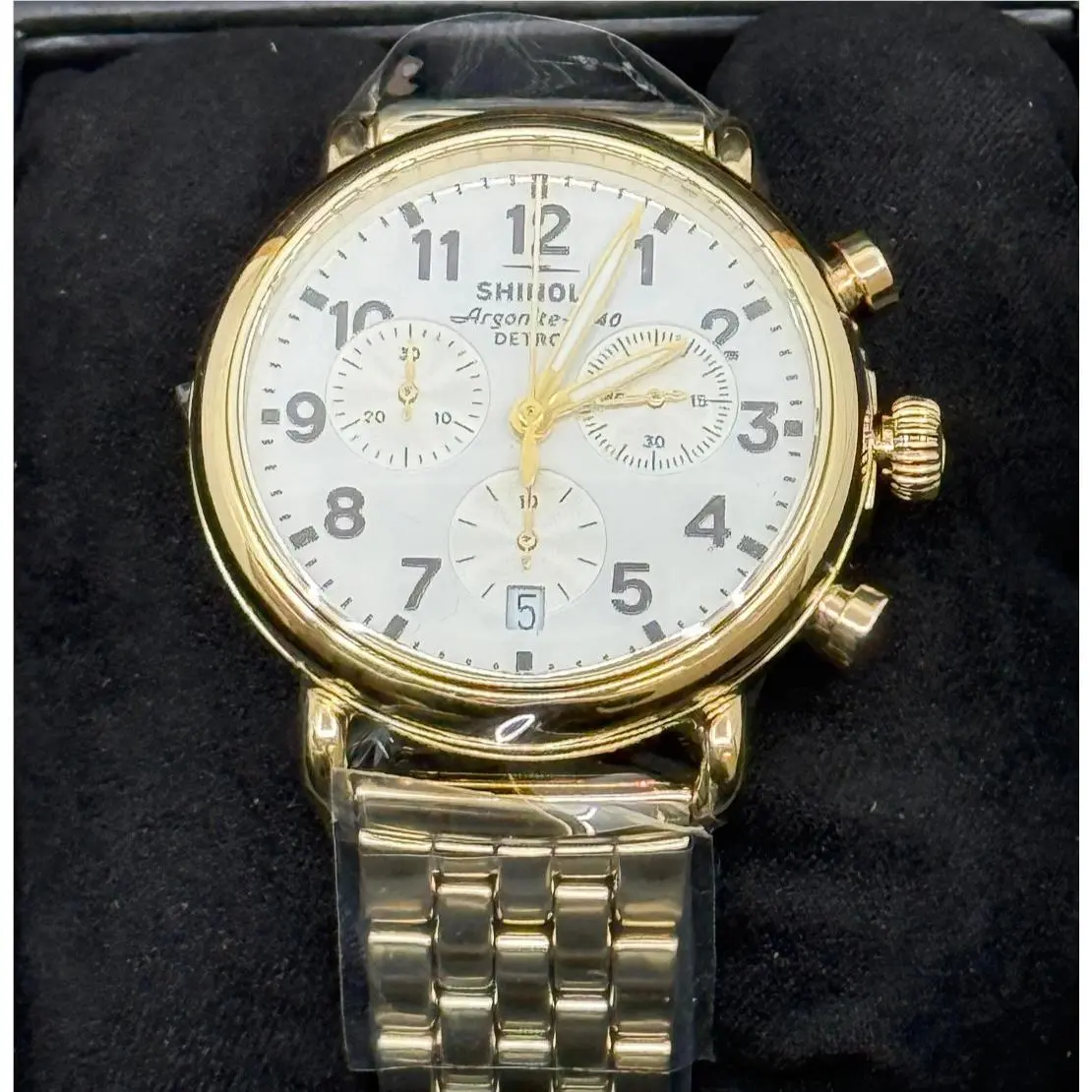 Runwell Chronograph 37mm White Dial Gold Bracelet Watch S0120315254 by Shinola