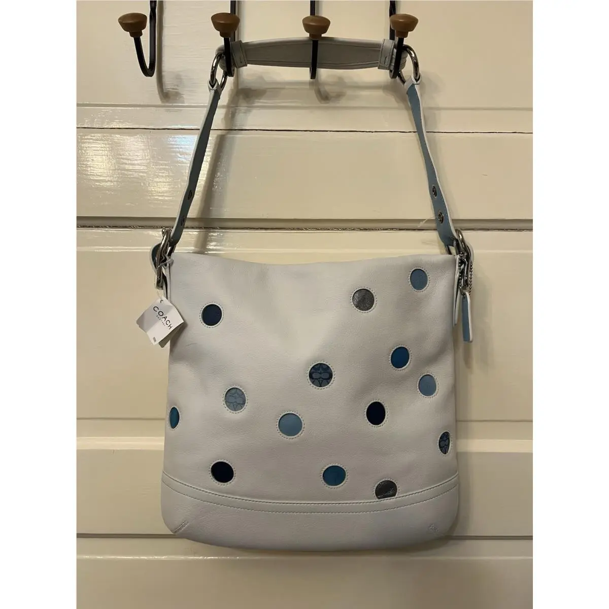 F10651 Polka Dot Leather Jacquard Blue White Duffle Bag Vintage Y2K by Coach