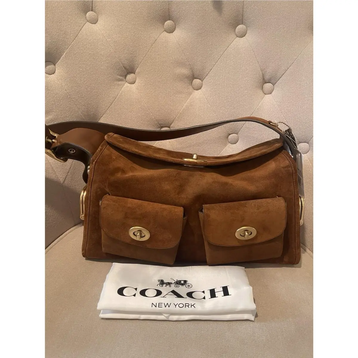 Haversack Warm Brown Suede Brass Hardware Shoulder Bag by Coach