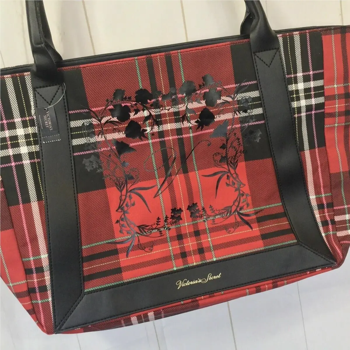 Purse Victoria`s Secret Black Red Plaid Holiday Logo Tote Bag Black Handles by Victoria's Secret