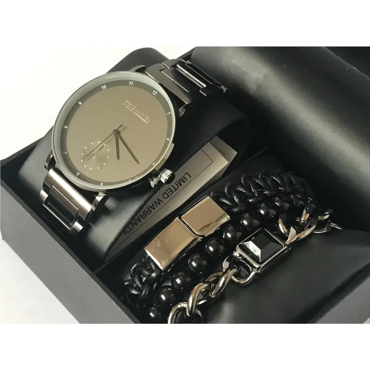 Men`s Black Style Water Resistant Watch Multi Bracelet Set by Steve Madden