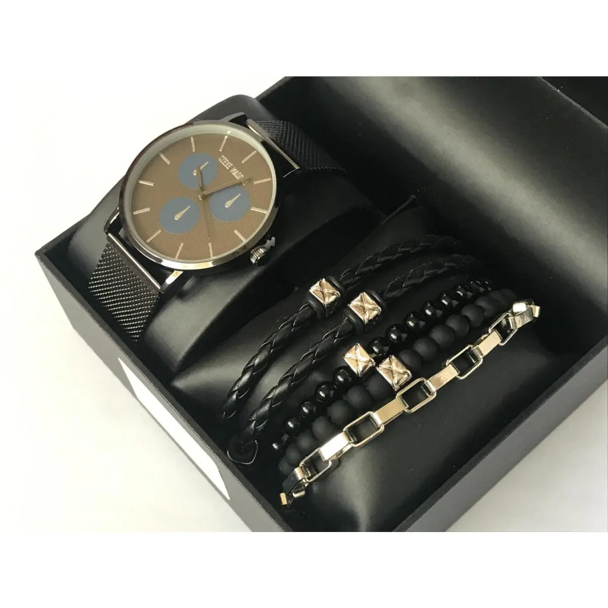 Men`s Black Whater Resistant Watch Multi Bracelet Gift Set by Steve Madden