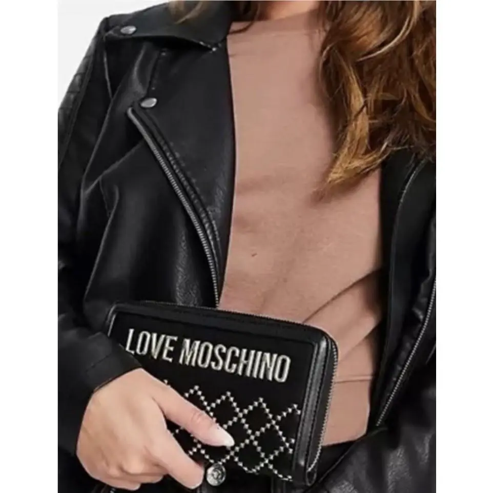🆕 Love  Studded Leather Large Zip-around Wallet Black by Moschino