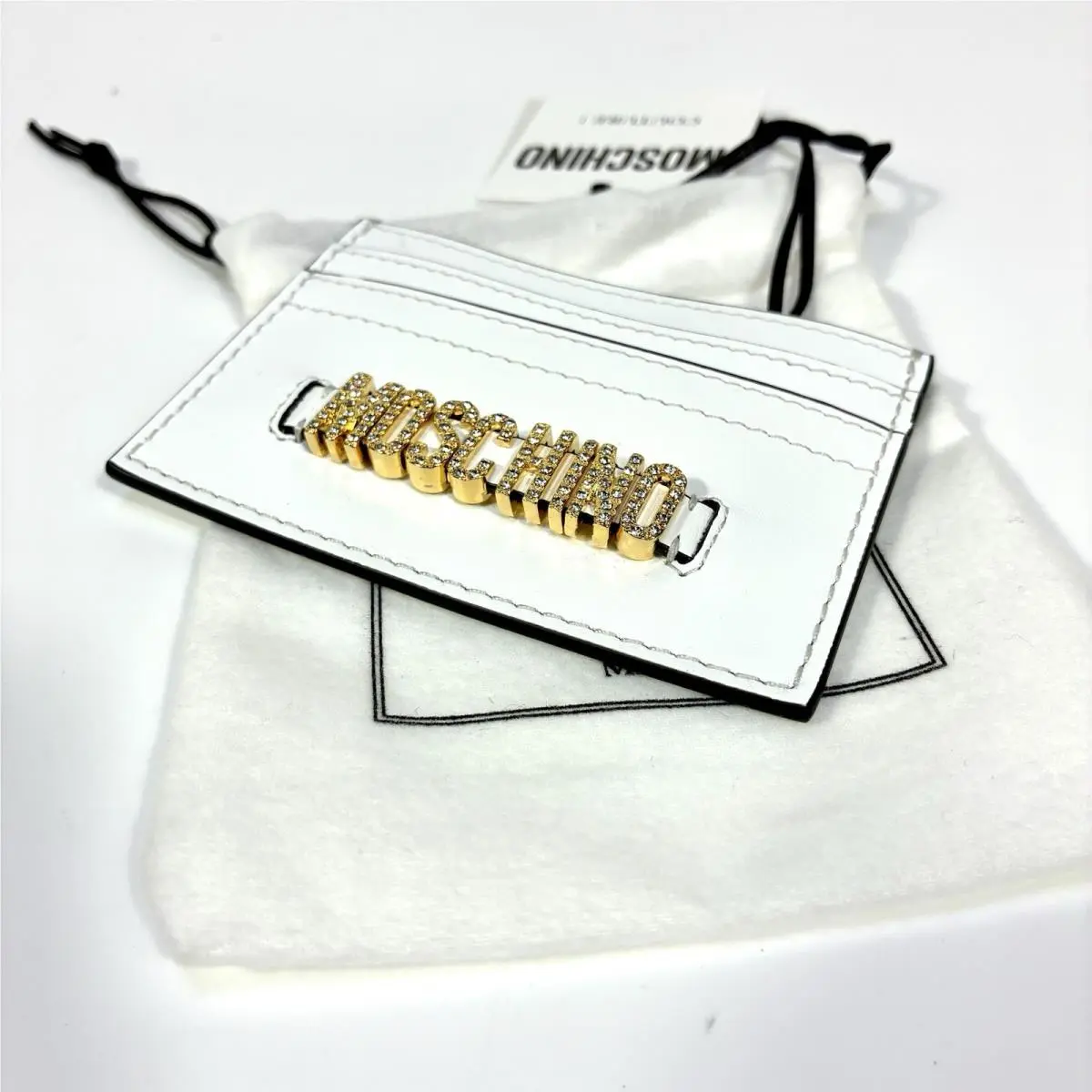 Couture Logo Card Case Fantasy Print White Leather Glam Card Holder by Moschino