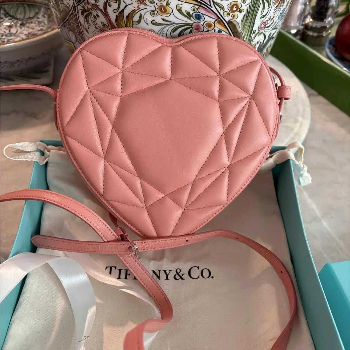Tiffany Co. Pink Heart Quilted Crossbody Bag 8x7.5 In Gift Box by Tiffany & Co.