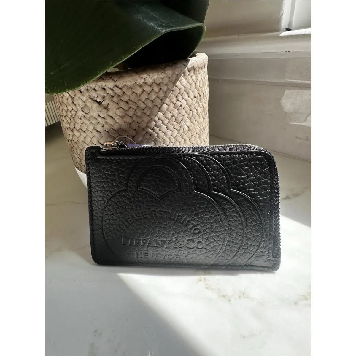 Tiffany Co Black Leather Logo T-zip Card Holder Case by Tiffany & Co.