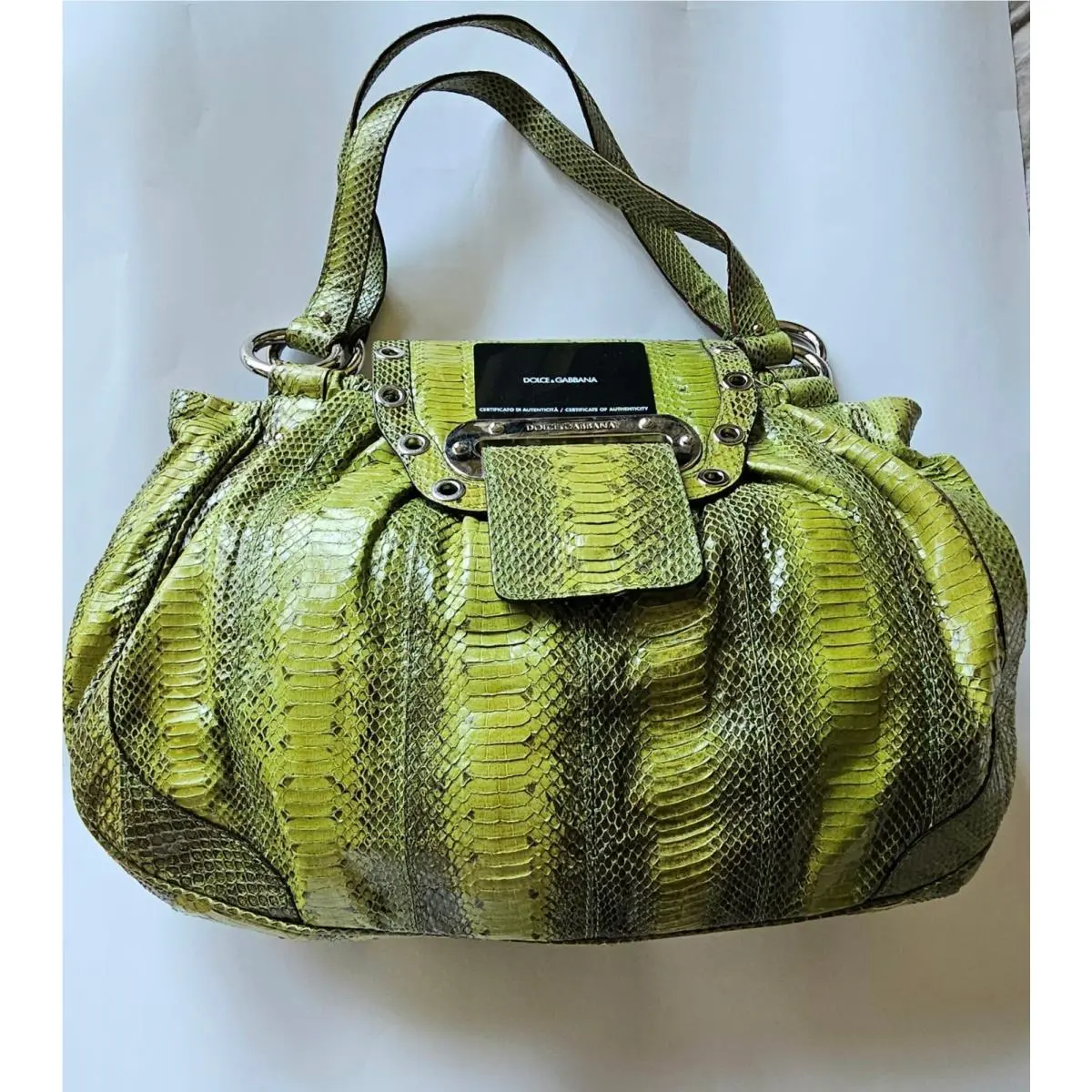 Dolce Gabbana Lime Green Python Snake Leather Shoulder Bag w Silver Hardware by Dolce & Gabbana