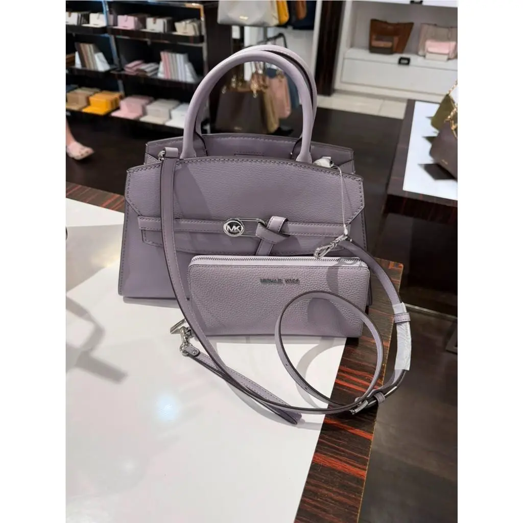 Greta Medium Leather Satchel Bag + Large Continental Wallet Lilac by Michael Kors