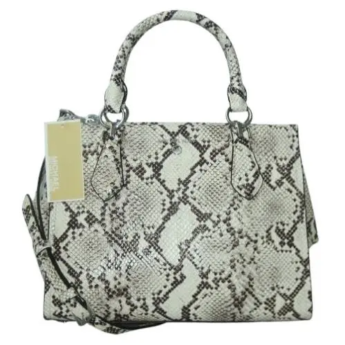 Michael Kors Marilyn Medium Snake Emb Leather Satchel Bag Purse - Exterior: QUARRY GREY, Lining: Black, Handle/Strap: QUARRY GREY