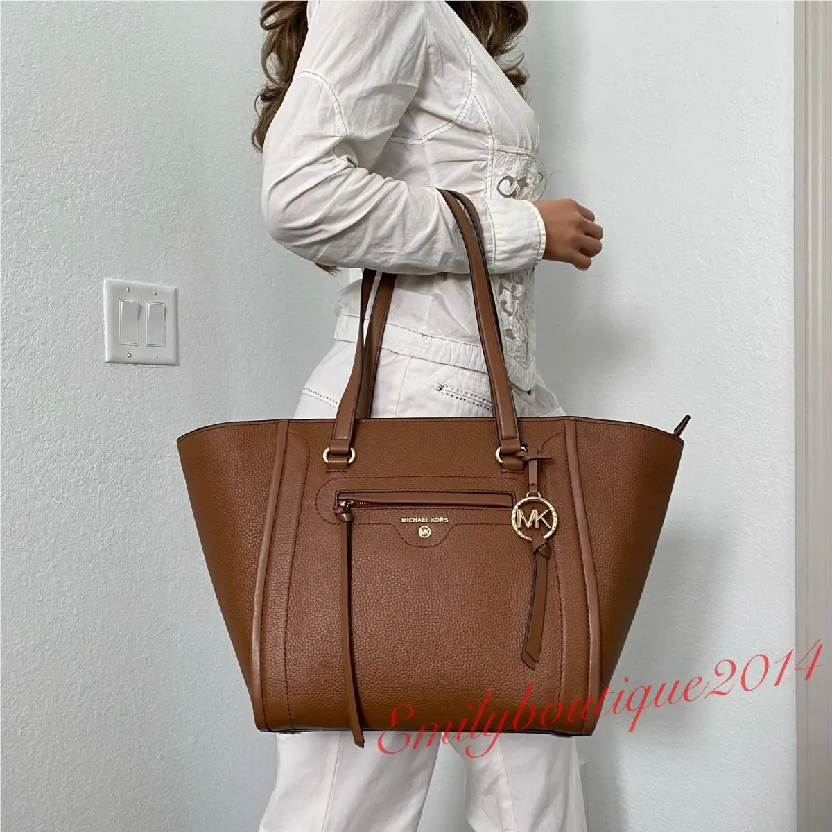 Michael Kors Carine Pebble Leather Zip Tote Dust Bag in Luggage Brown
