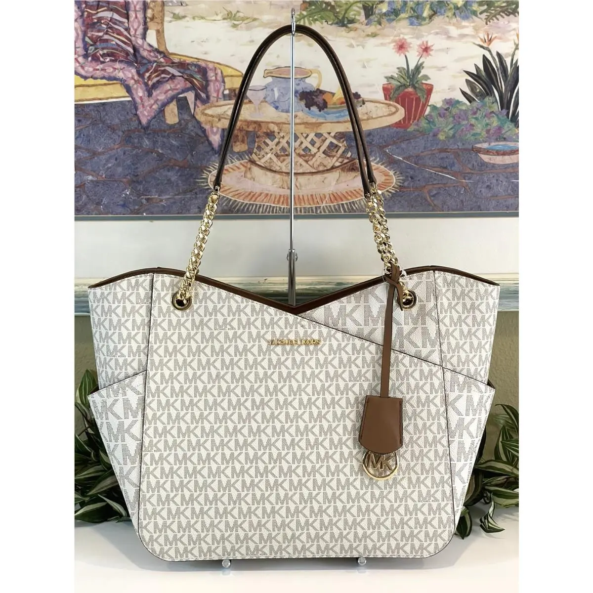 Michael Kors Jet Travel Large XL Chain Shoulder Tote Bag MK Vanilla Logo Gold