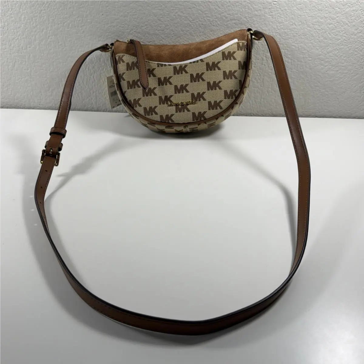 Brown Beige Logo Small Half Moon Crossbody Purse Zip Gold Dover by Michael Kors