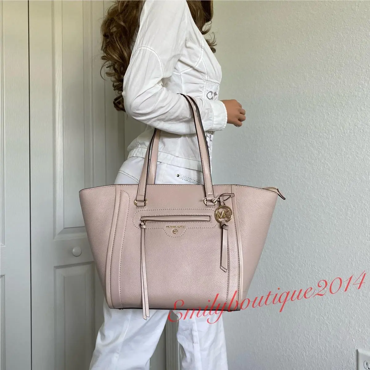 Carine Medium Pebble Leather Zip Tote Shoulder Bag Soft Pink by Michael Kors