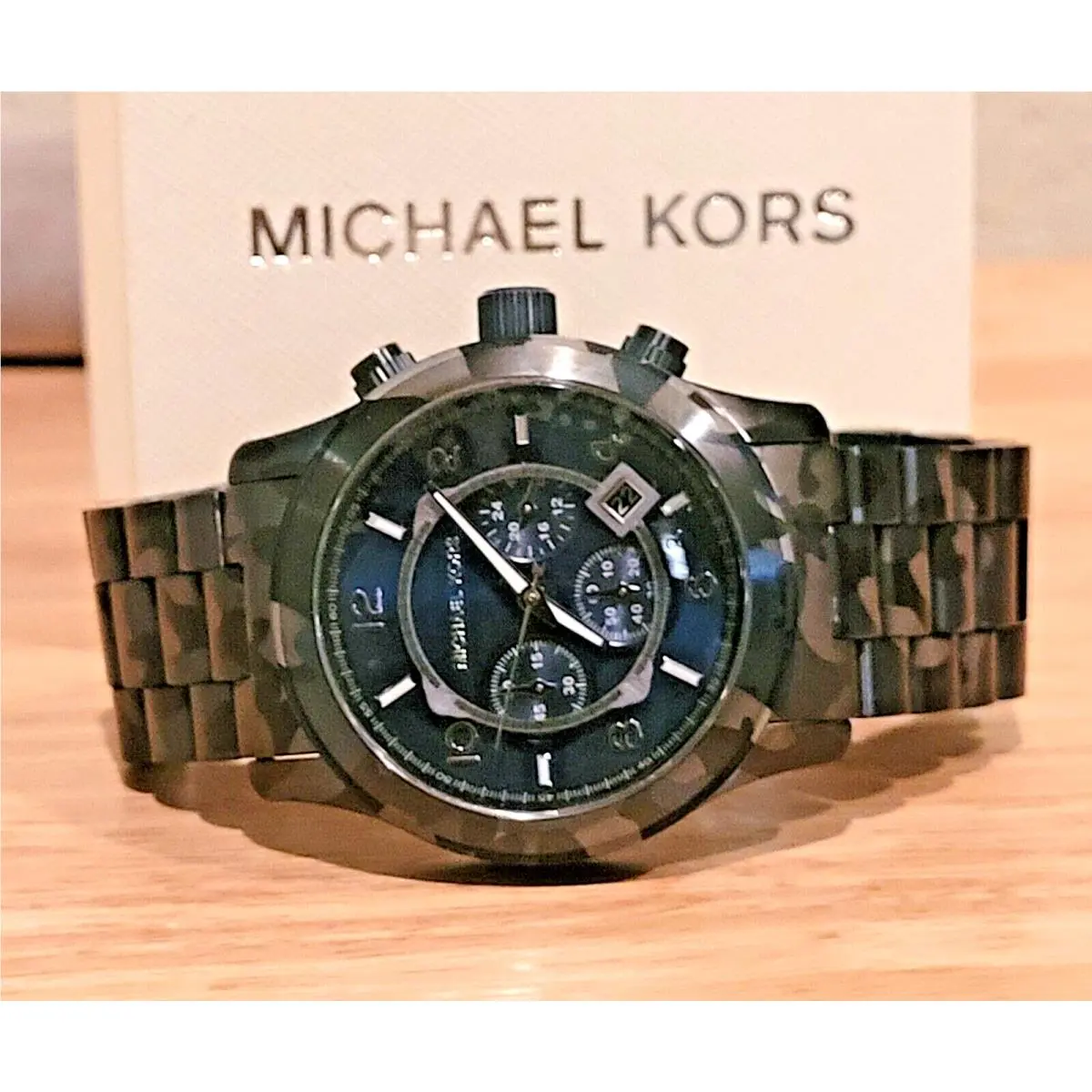 Michael Kors Men`s Chronograph Runway Blue Camouflage Stainless Steel Watch