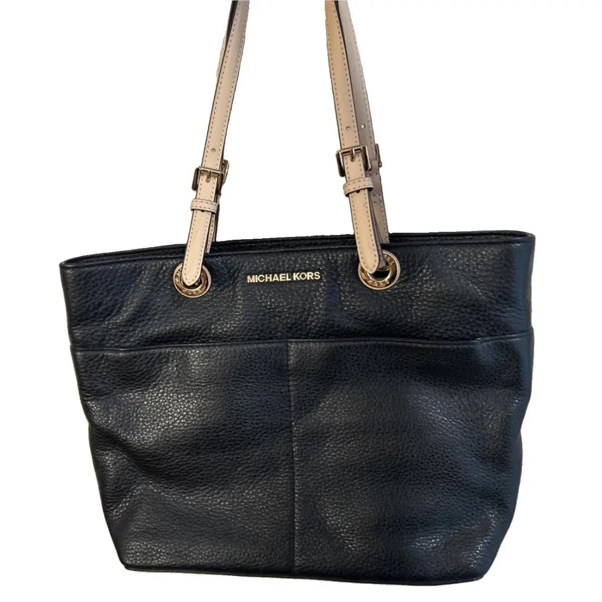Bedford Black Pebbled Leather Tote Bag Tan Straps Gold Hardware by Michael Kors