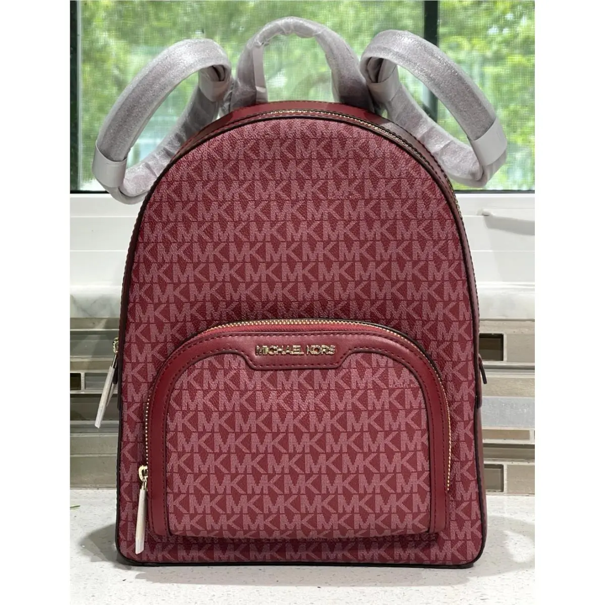 Jaycee Medium Zip Backpack Bag Tote MK Cherry Merlot Logo Gold by Michael Kors