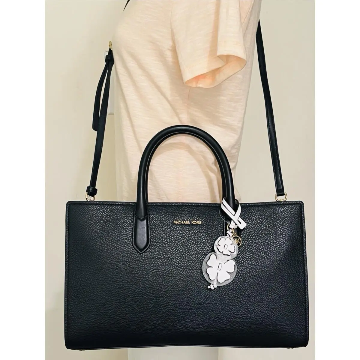 Scarlett EW Black Leather Medium Satchel Shoulder Bag by Michael Kors
