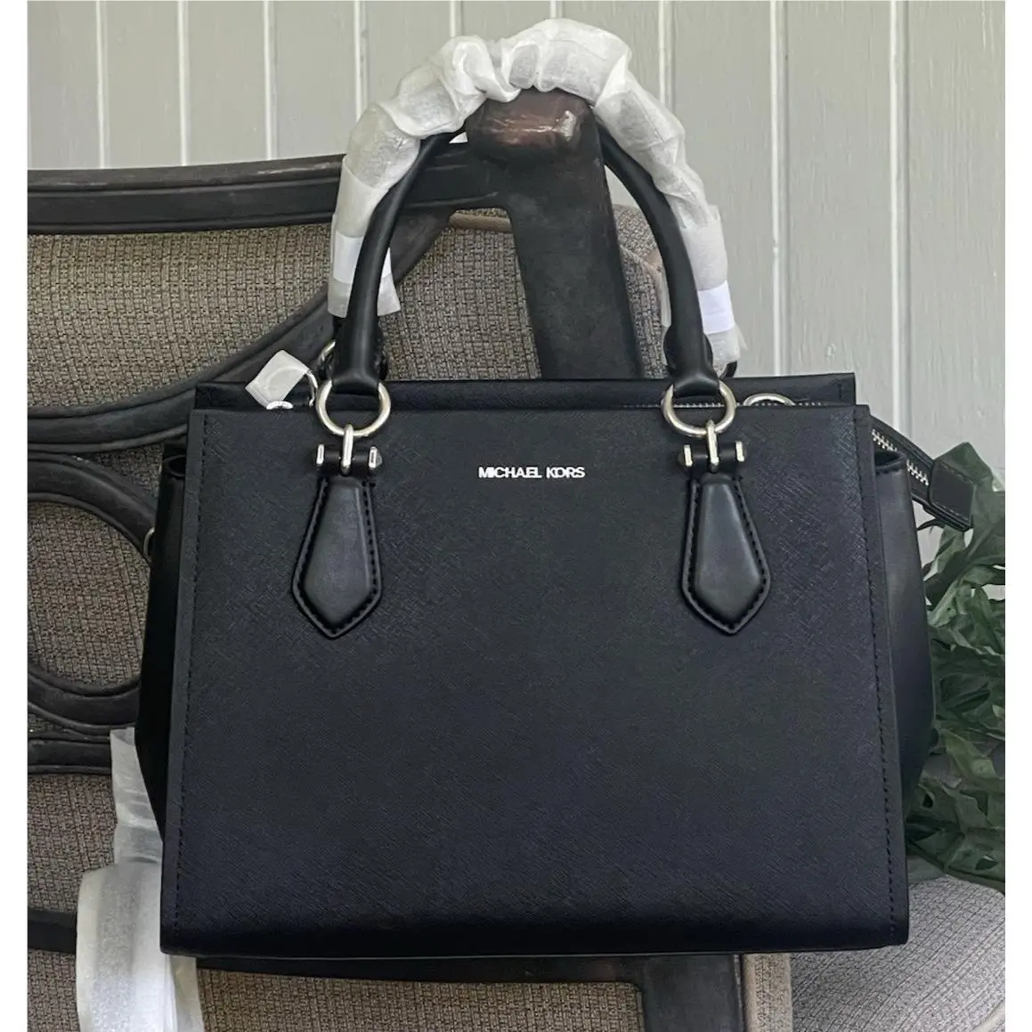 Michael Kors Marilyn Medium Satchel Shoulder Bag Tote MK Black Leather Silver