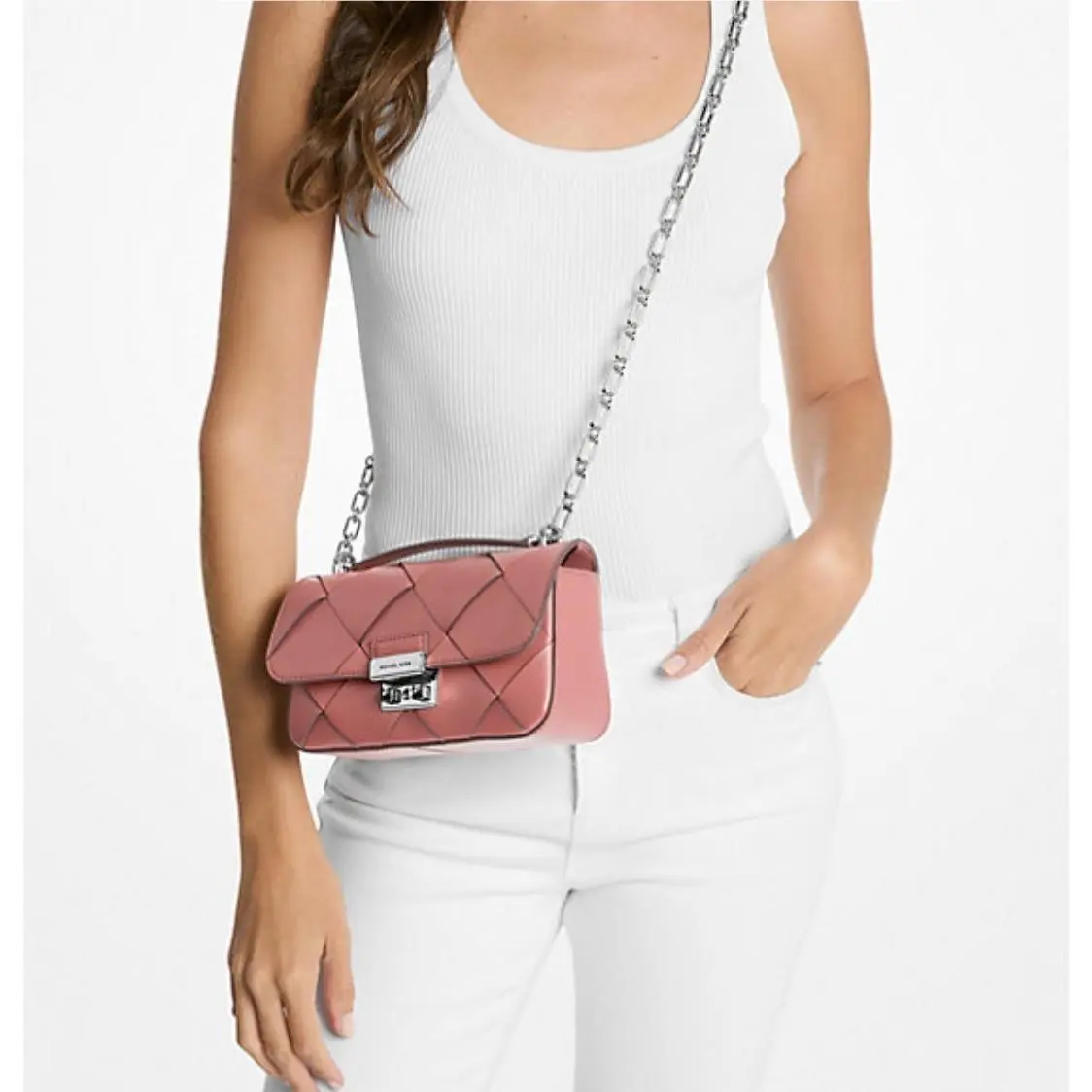 Tribeca Small Woven Leather Convertible Chain Shoulder Bag by Michael Kors