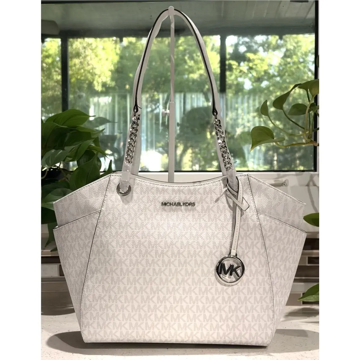 Jet Set Large Chain Shoulder Tote Bag Purse White Silver MK Logo by Michael Kors