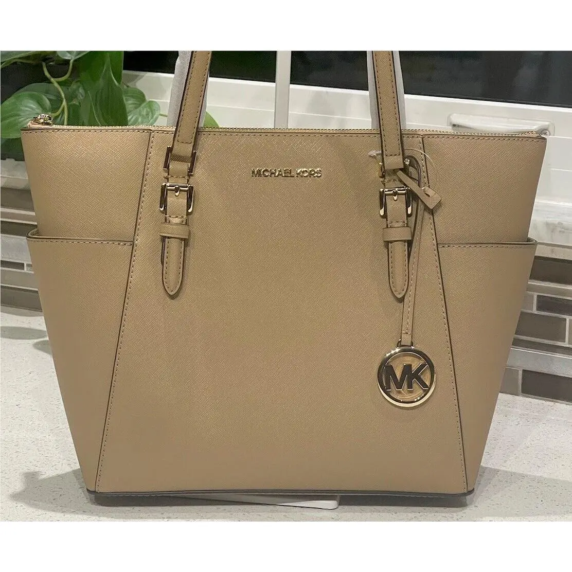 Charlotte Large Medium Zip Tote Shoulder Bag MK Camel Taupe Leather by Michael Kors