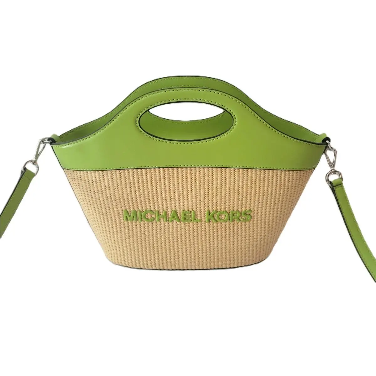 Tatum Medium Tote Crossbody Lime Woven Straw Leather Handbag by Michael Kors