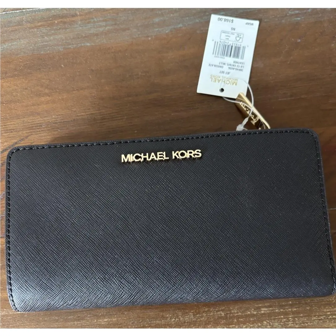 Large Jet Set Chocolate Leather Women’s Wallet by Michael Kors