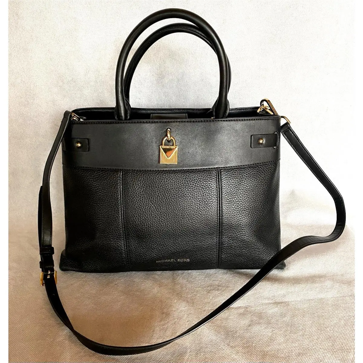 Michael Kors Black Gramercy Lg Pebble Leather Satchel Crossbody Bag Purse