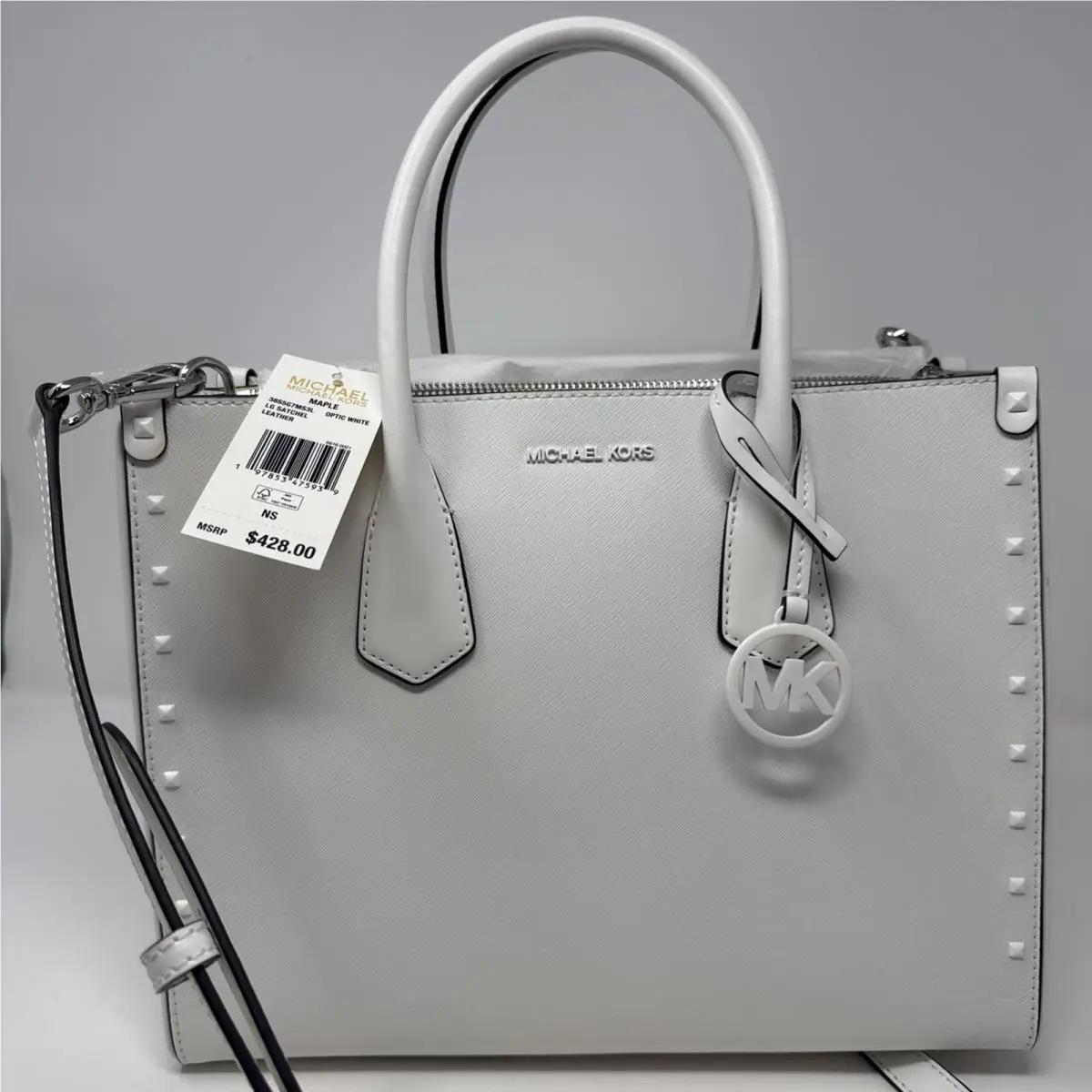 Maple Stud Optic White Large Leather Satchel Bag by Michael Kors