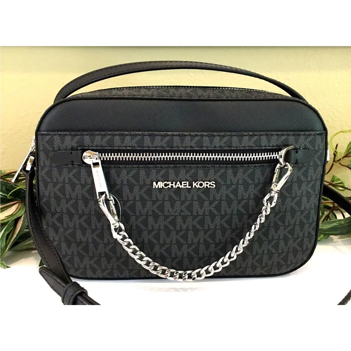Womens Large Zip Chain Crossbody Bag Black MK Logo Signature Silver by Michael Kors