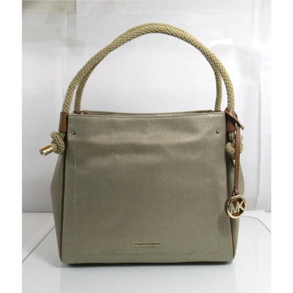 Michael Kors Isla Large Grab Bag Satchel Shoulder Tote Bag Canvas Pale Gold