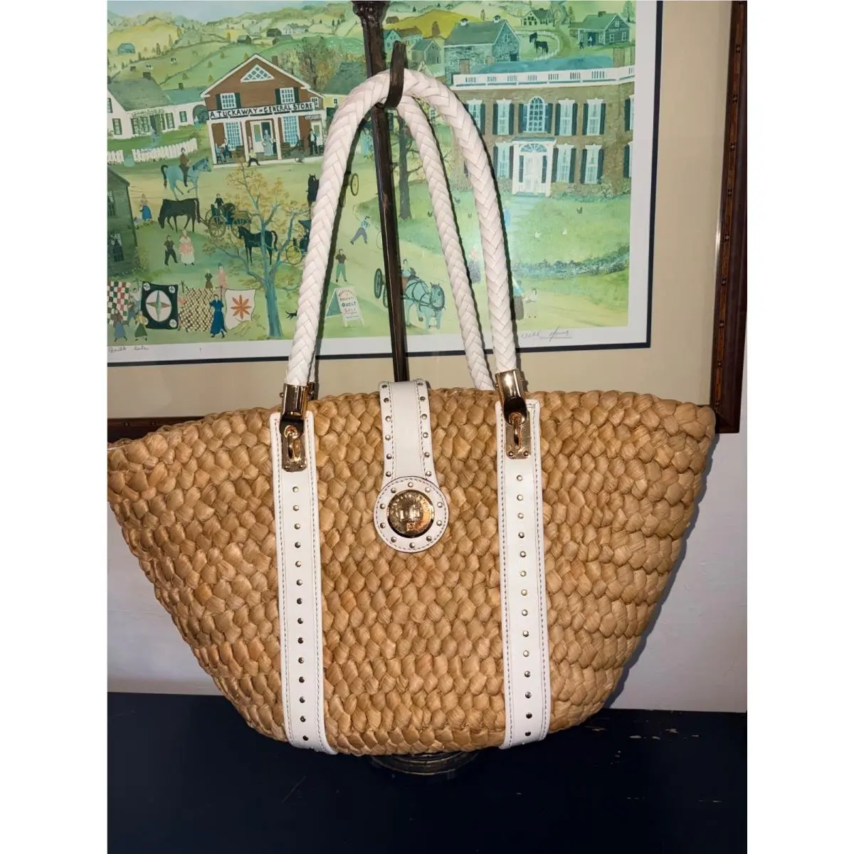 XL Santorini Raffia Tote Shoulder Bag Handbag White by Michael Kors
