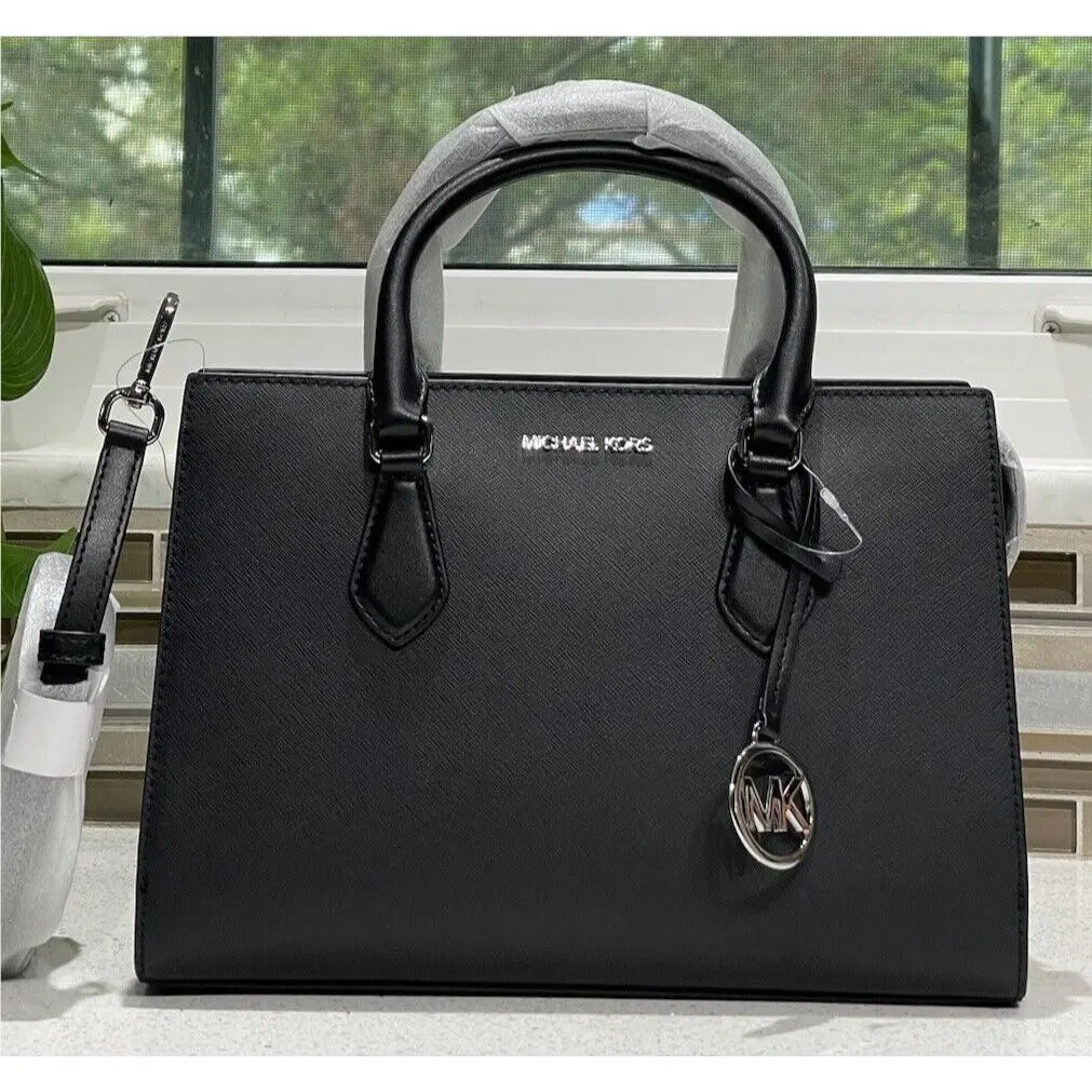 Michael Kors Sheila Medium Satchel Shoulder Bag Purse Tote Logo MK Black Silver